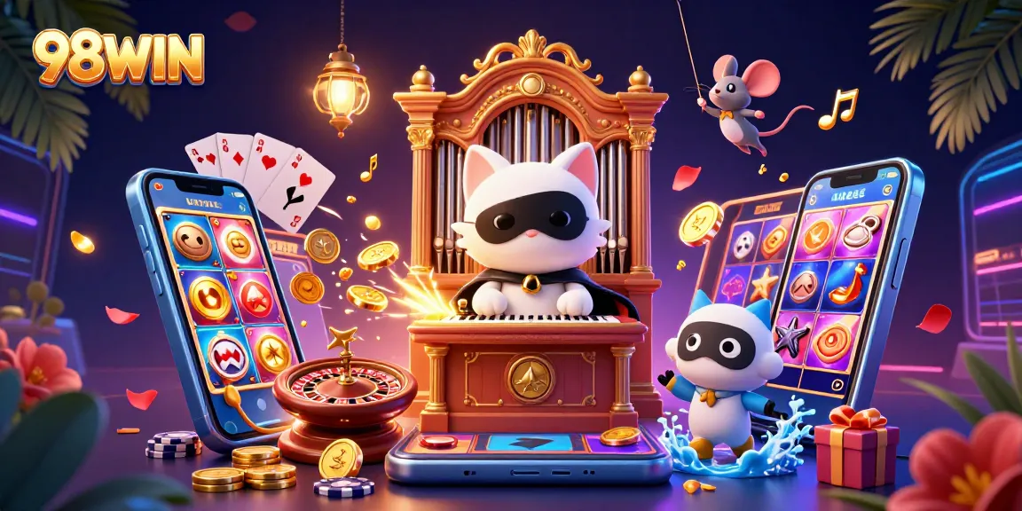 Engage with 98WIN's dynamic casino atmosphere featuring colorful slots, golden coins, and vibrant characters.