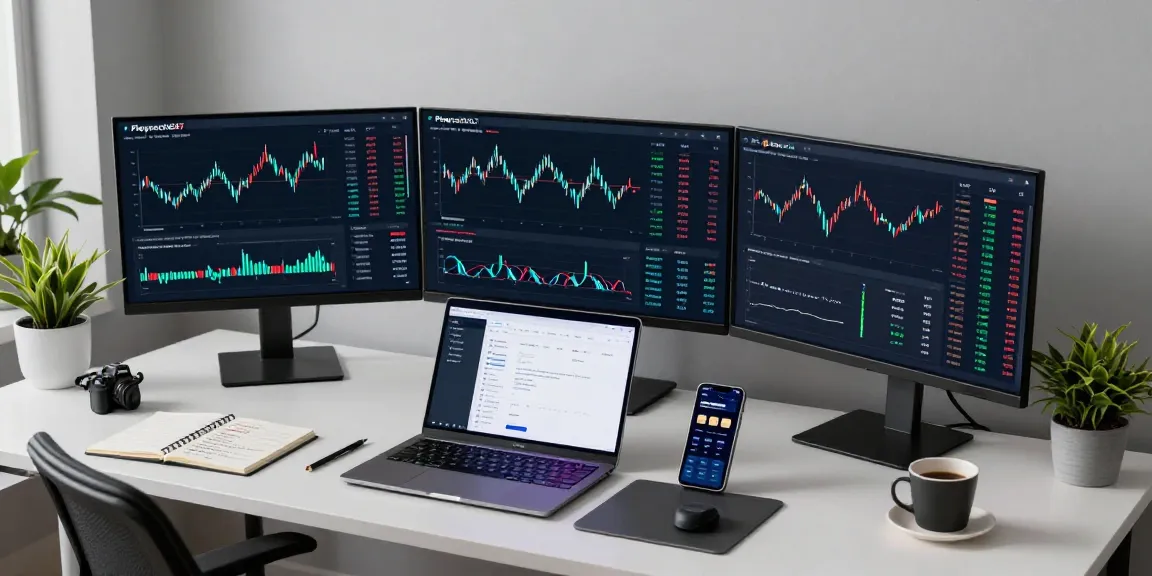 Playexch247 cryptocurrency trading workspace with monitors, digital wallet, and trading tools in a modern minimalist office