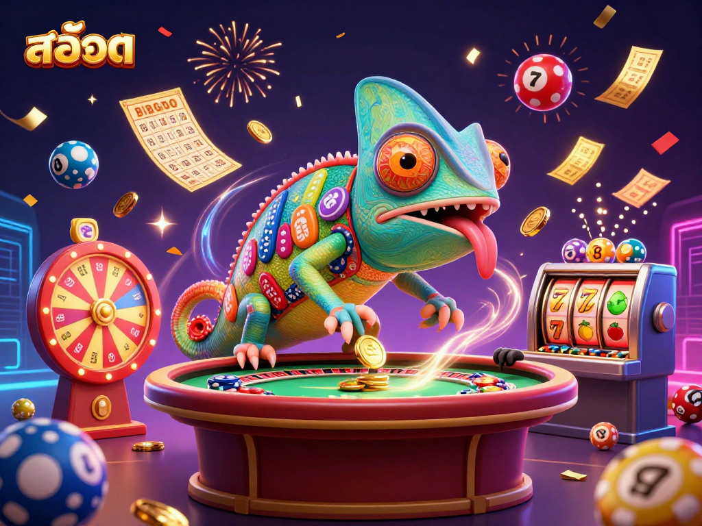 Engage with exciting สล็อต action featuring a vibrant chameleon casino owner and playful game elements.