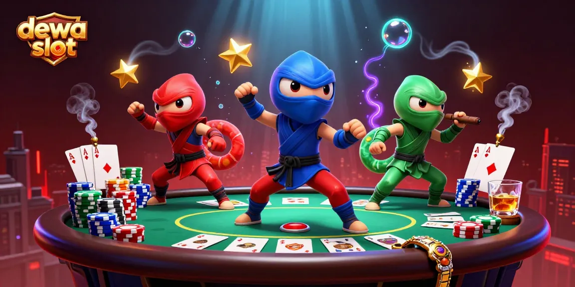 Engage with dewa slot through an action-packed scene featuring chameleon ninjas and dynamic poker elements.