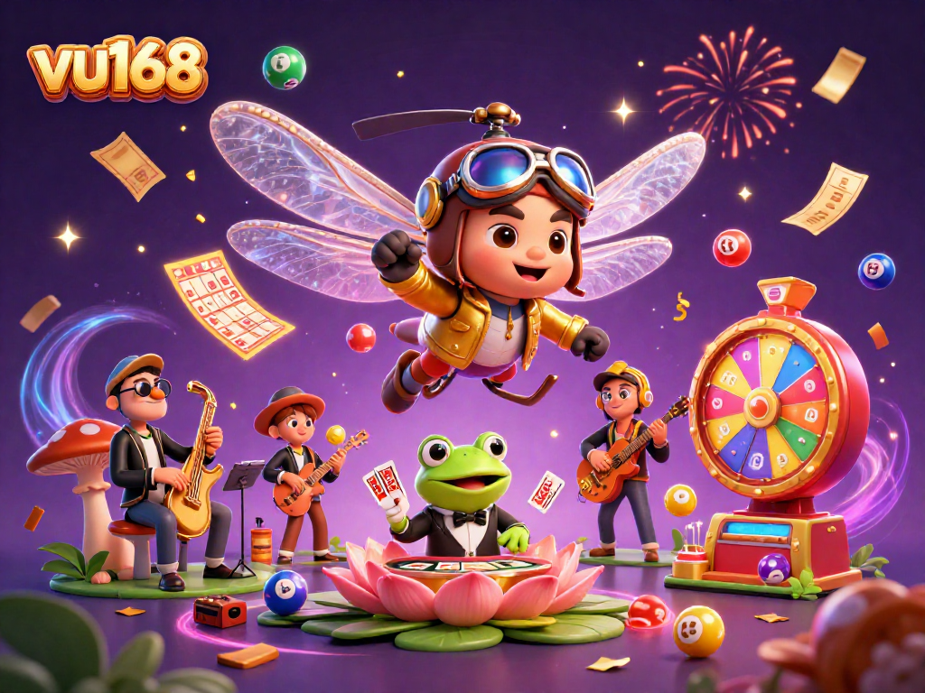 Experience thrilling gameplay at vu168, with frog croupiers, lottery balls, and vibrant casino action.