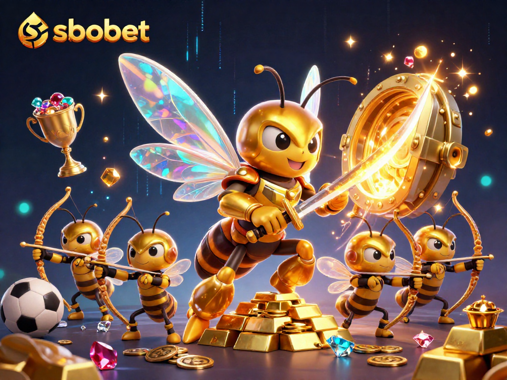 Engage in sbobet sports betting with a dynamic scene depicting a golden hornet and treasure elements.