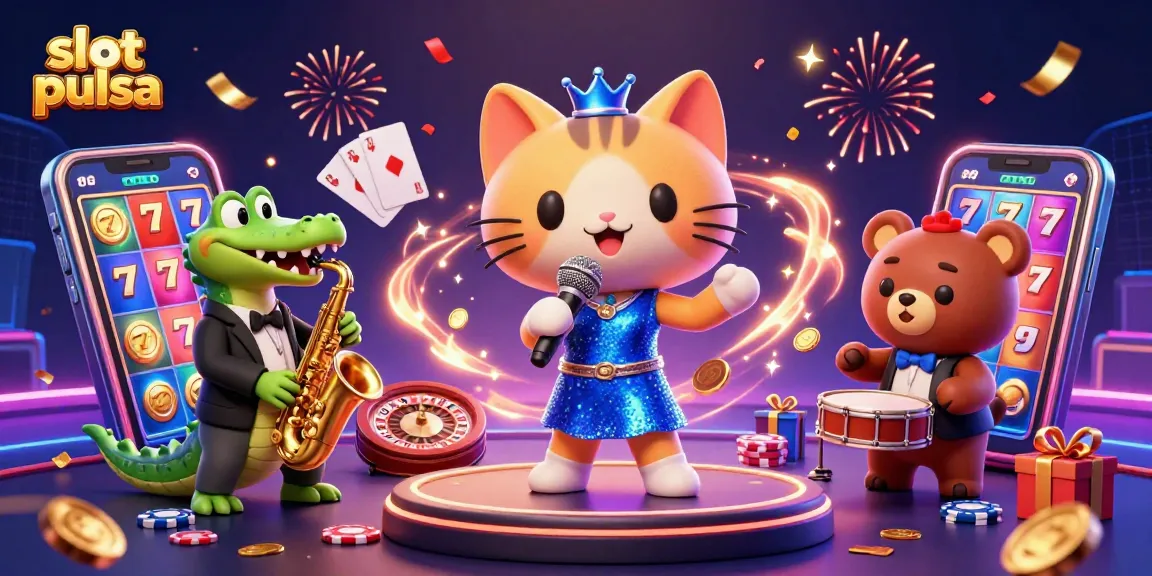 Rasakan kegembiraan dengan permainan slot pulsa saat karakter ceria tampil di panggung kasino yang meriah.