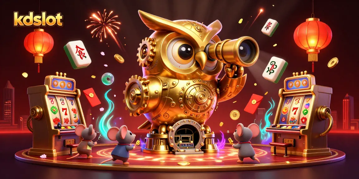 Kdslot features a captivating 3D illustration of a golden owl overseeing a vibrant casino scene filled with whimsical elements.