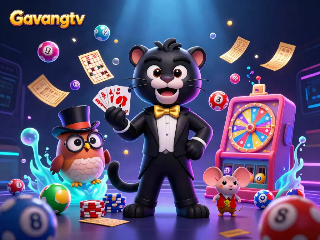 Gavangtv showcases a playful scene of a stylish black panther dealing cards surrounded by colorful lottery elements.