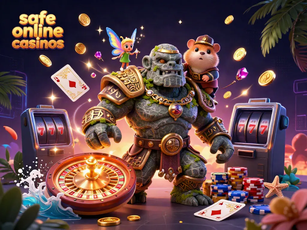 Engaging illustration representing safe online casinos with animated characters, vibrant casino elements.