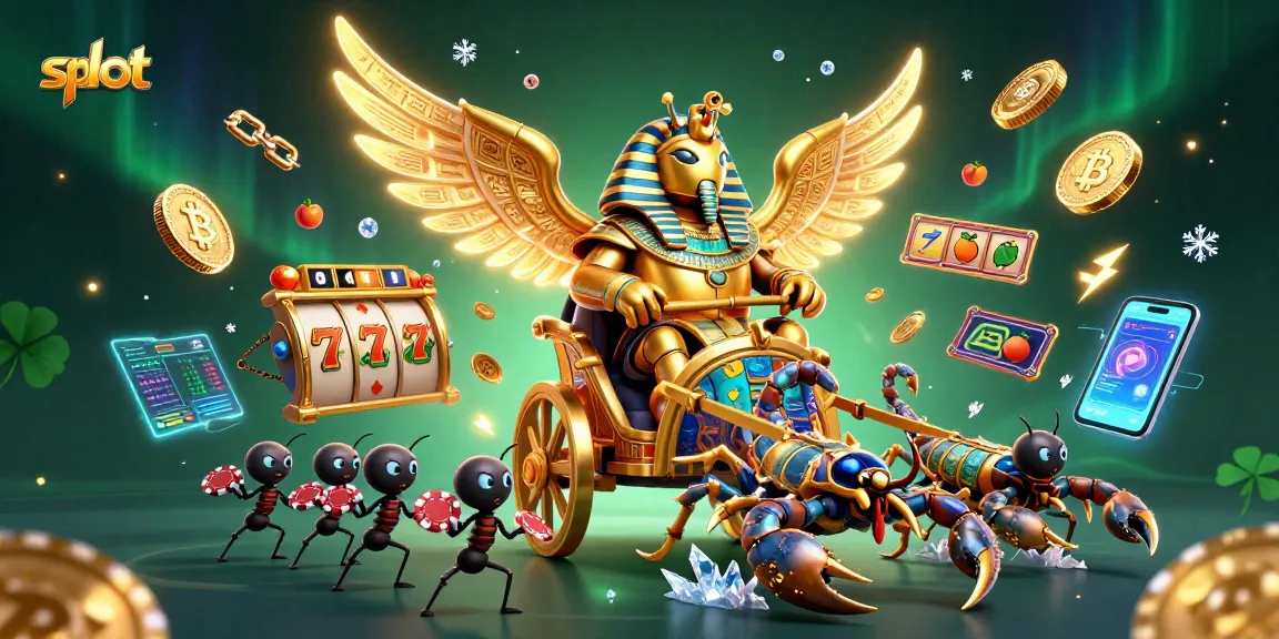 Spin the slot reels with a colossal golden scarab beetle in a rich casino-themed illustration.