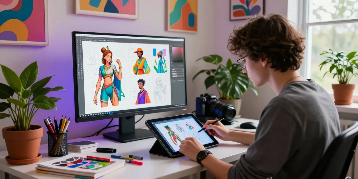 Creative artist designing NSFW AI characters in a vibrant digital studio, showcasing artistic tools and colorful sketches.