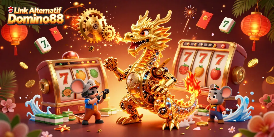Experience winning opportunities with Link Alternatif Domino88, featuring a vibrant casino-themed 3D scene.