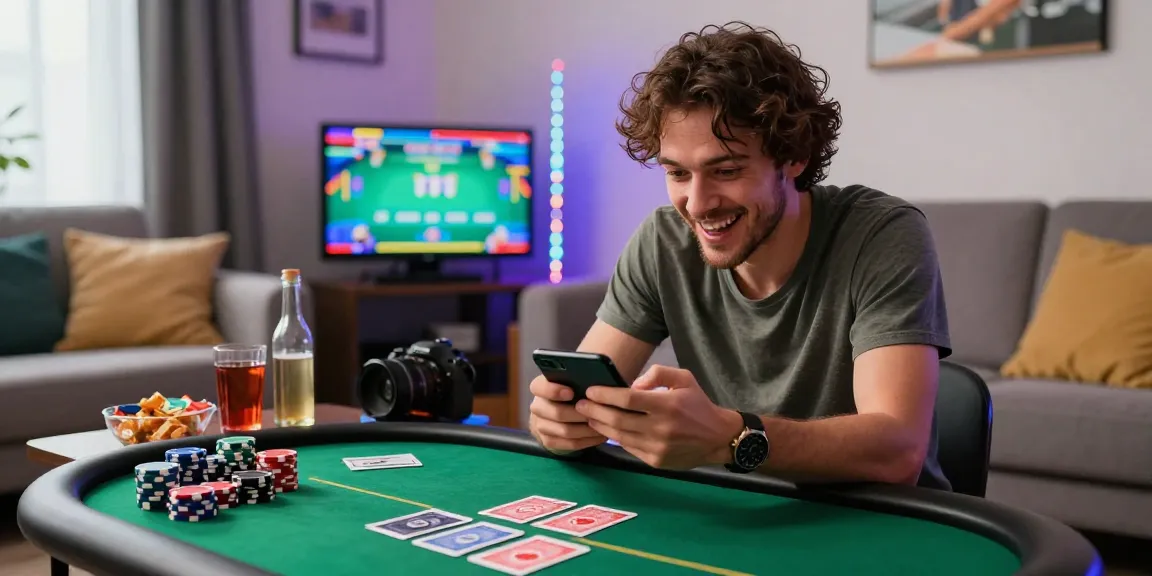 Excited player enjoying poker apk on smartphone in a vibrant living room with poker chips and lively atmosphere.