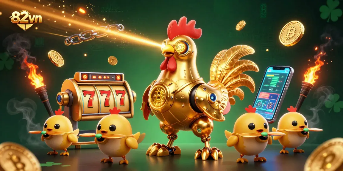 Engage with the exciting world of 82vn's casino games featuring a dynamic golden rooster robot.