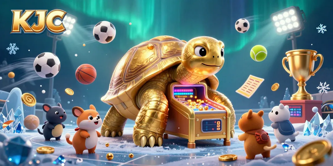 KJC engages players with a colossal golden tortoise pinball machine amidst thrilling sports-themed action.