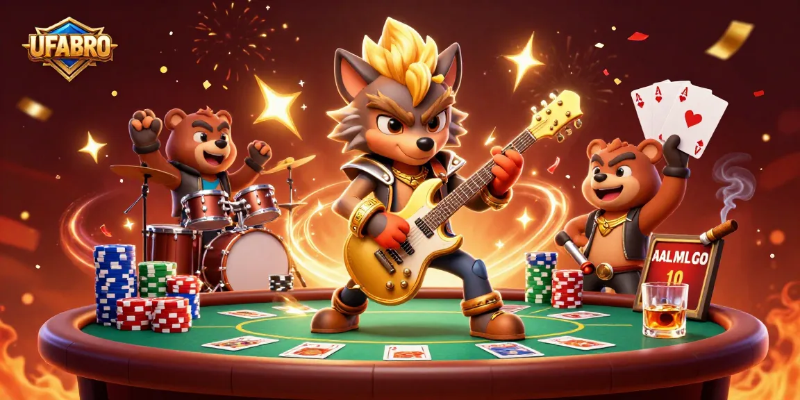 Experience thrilling gameplay with UFABRO in this vibrant casino scene featuring cartoon rock stars.