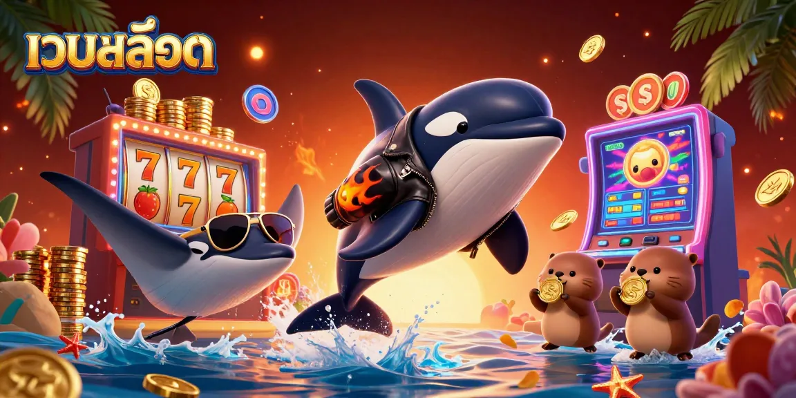 Spin and win with เว็บสล็อต as an orca whale jumps alongside a stingray, surrounded by cash and slots.