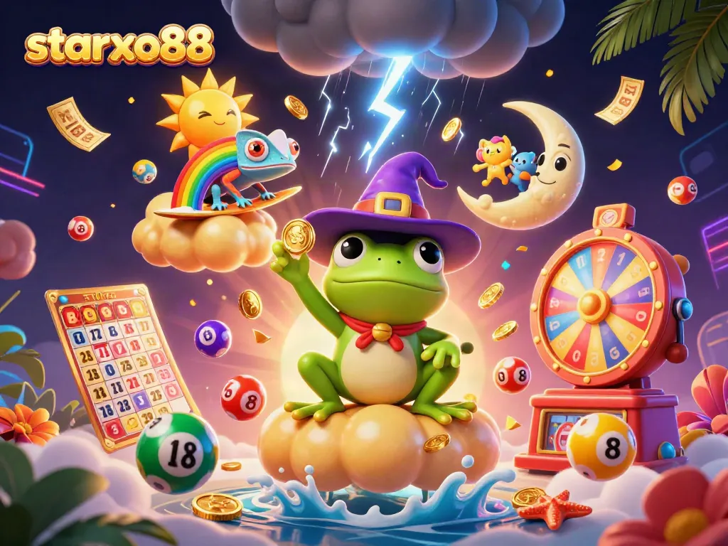 Experience a thrilling jackpot with starxo88's golden coins storming from a vibrant 3D illustration.