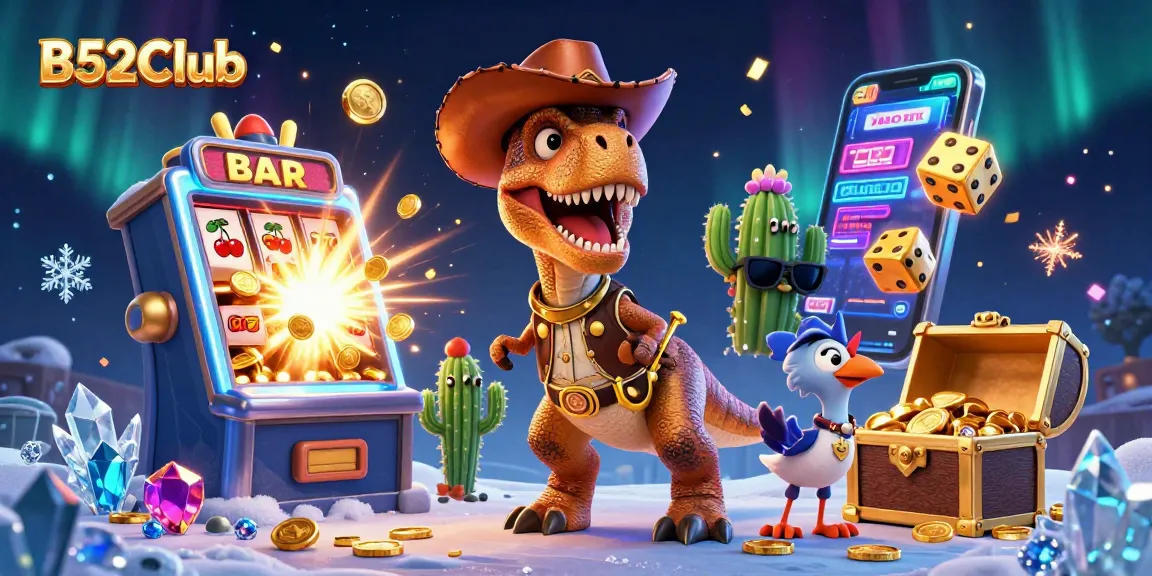 B52Club showcases thrilling slot action with vibrant casino characters and jackpot excitement