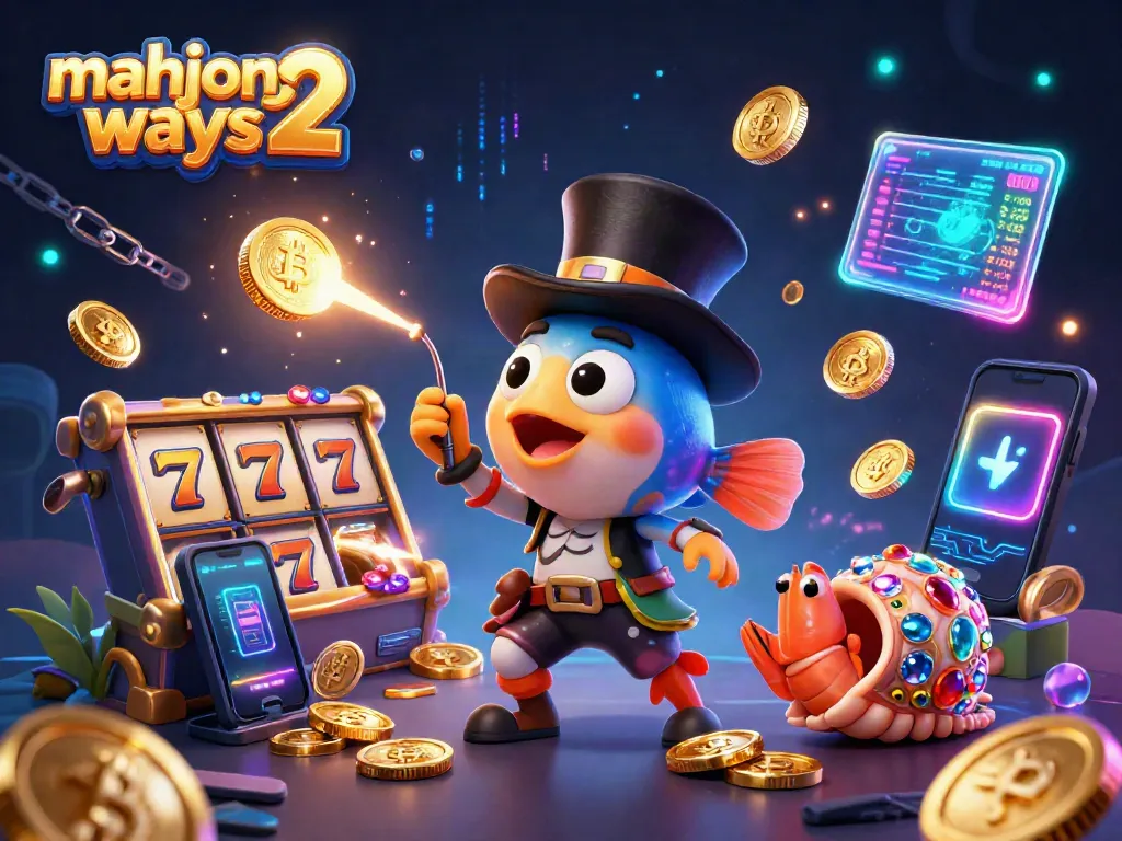 Engage with mahjong ways 2 as a fish pulls in coins amidst vibrant casino elements and characters.