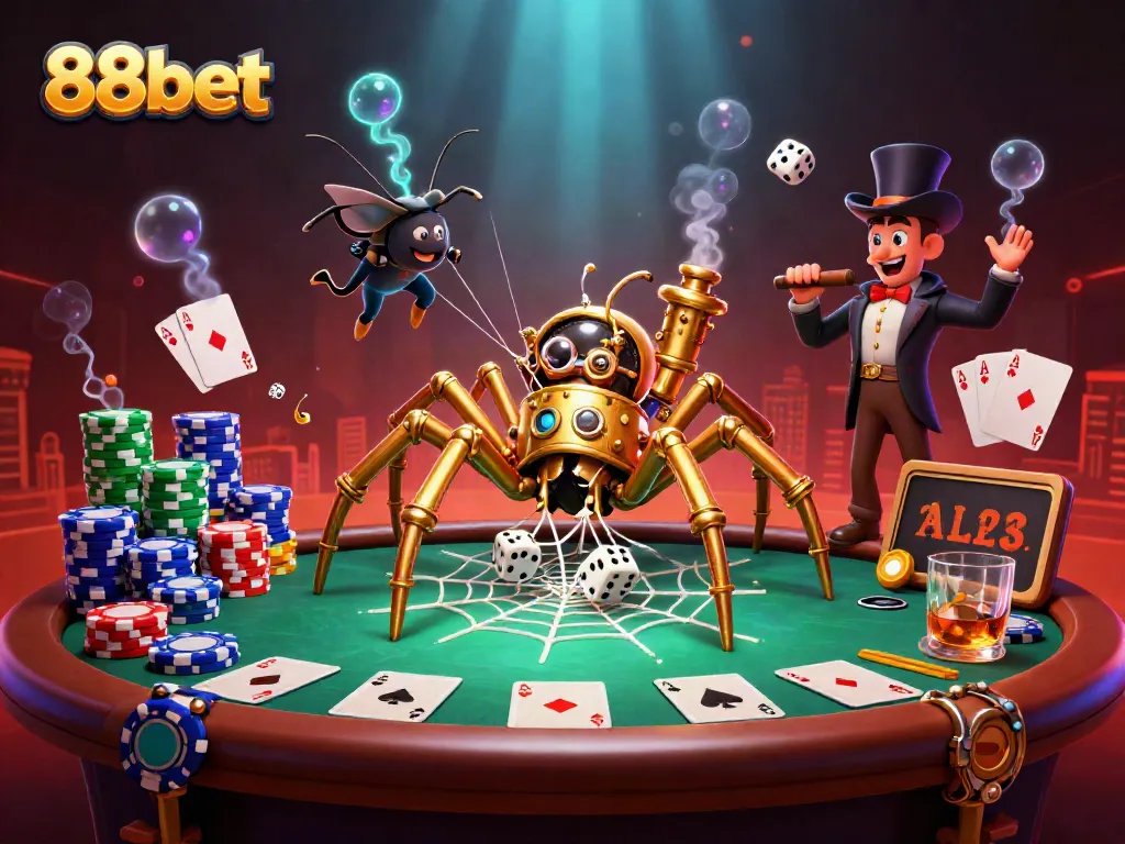 Experience the thrilling world of 88bet as a steampunk spider catches dice in a vibrant casino scene.