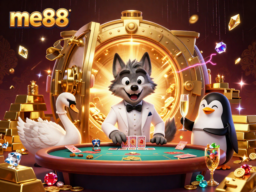 Experience captivating gameplay at me88 with a debonair wolf, elegant swan, and sophisticated penguin amidst a treasure-filled scene.