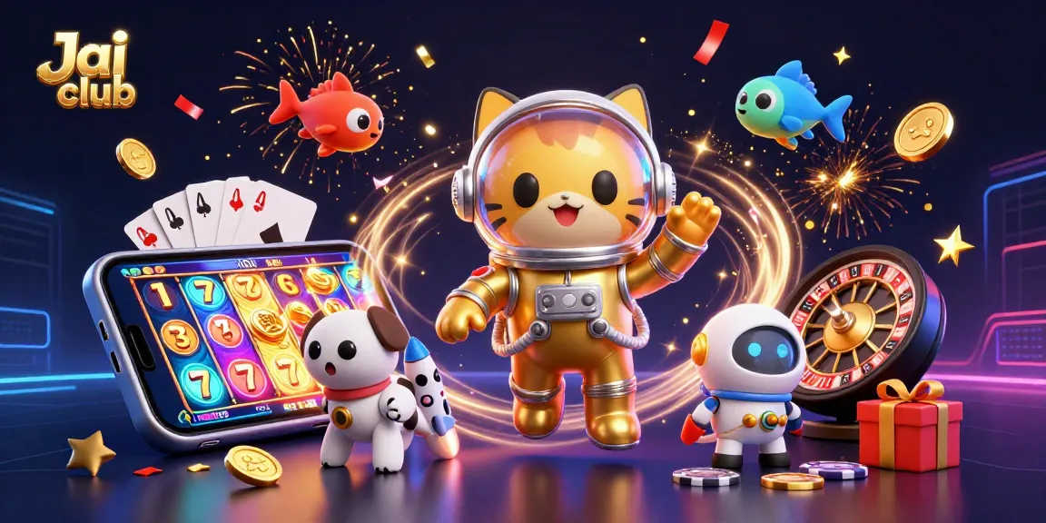 Experience thrilling gaming with Jai club's vibrant 3D illustration featuring slots, poker cards, and festive excitement.