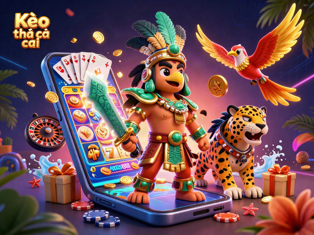 Kèo nhà cái: Engage in thrilling slot gameplay with Aztec warriors in a vibrant casino illustration.