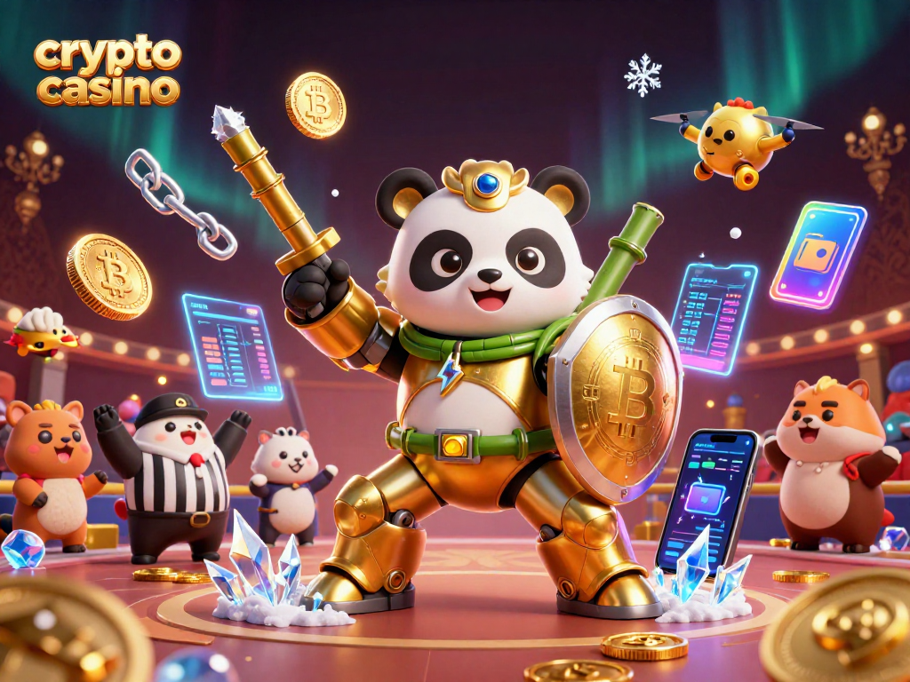 Experience the thrill of crypto casino gameplay with a vibrant scene featuring a mech-suit golden panda amidst glowing coins and blockchain elements.