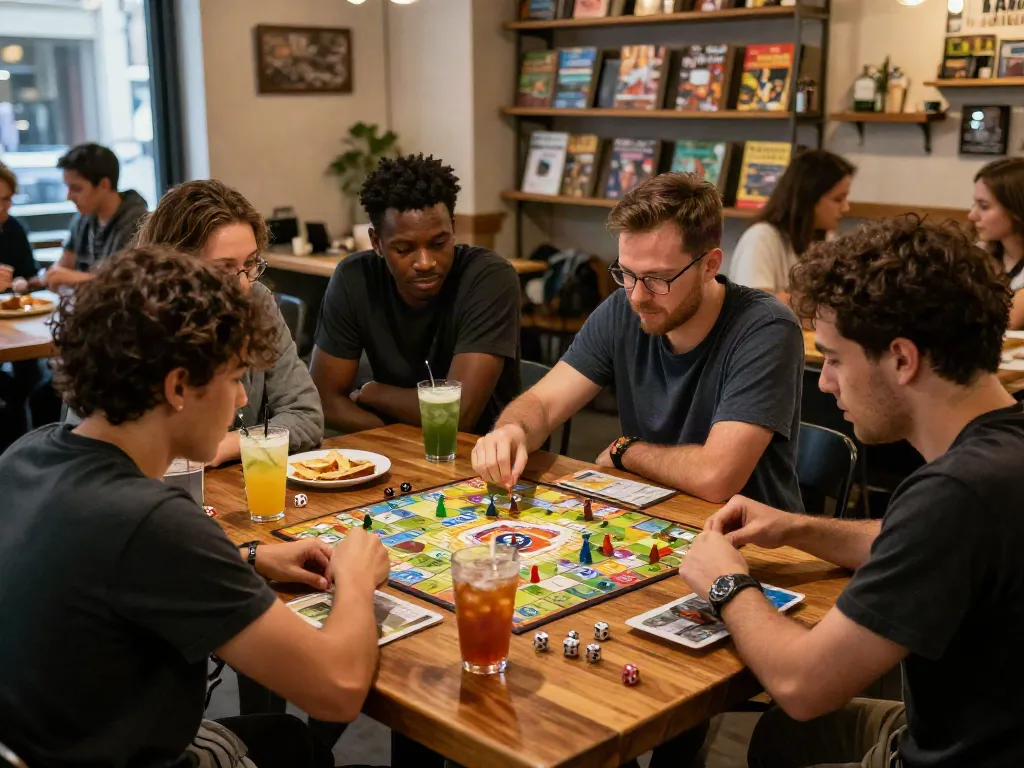 Excited group playing unsurtoto board game in a cozy café.