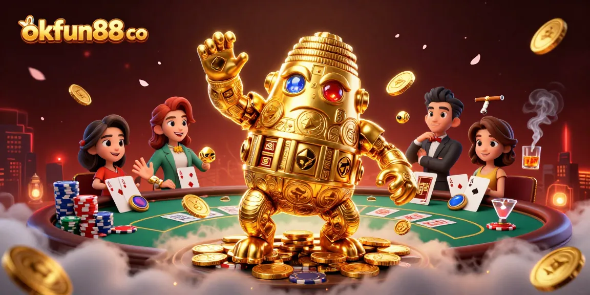 Engage with okfun88 co’s thrilling golden golem and poker elements in this vibrant casino scene.