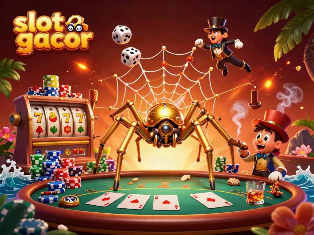 Permainan slot gacor dengan laba-laba steampunk dan kartu poker yang penuh warna