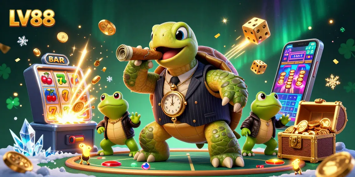 Win big at LV88 with a vibrant scene featuring a massive turtle and bullfrog enforcers amid exploding jackpots.