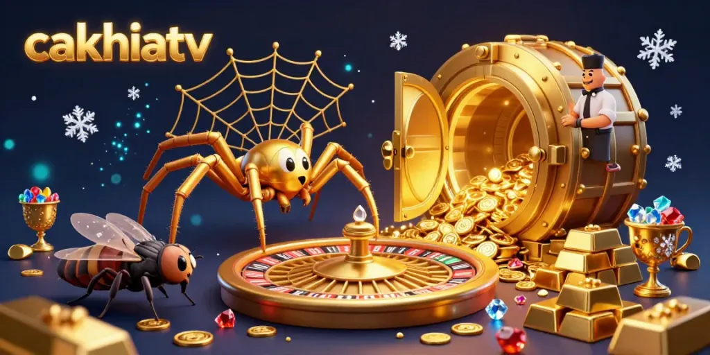Betting at cakhiatv with a cartoon spider croupier and golden roulette wheel in a dazzling casino scene.
