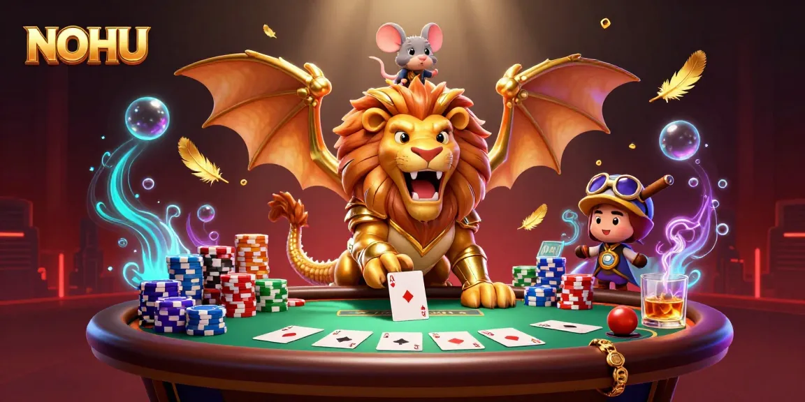 Engage in the thrilling world of NOHU at a vibrant casino scene with dynamic poker elements.
