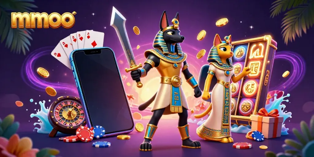 Engage in thrilling casino action with mmoo's dynamic 3D illustration of Anubis and Bastet amid colorful slot game elements.