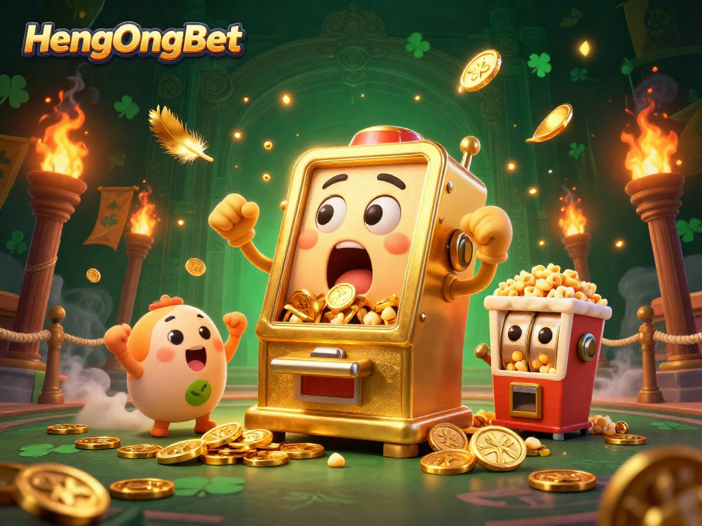 Experience the excitement of HengOngBet as the golden slot machine hits a jackpot amidst cheering baby slots and golden popcorn.