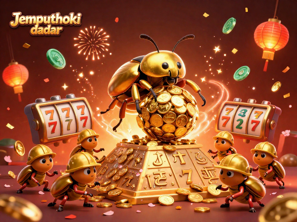 Experience the excitement with Jemputhoki daftar as a golden dung beetle rolls coins, revealing thrilling jackpot action!