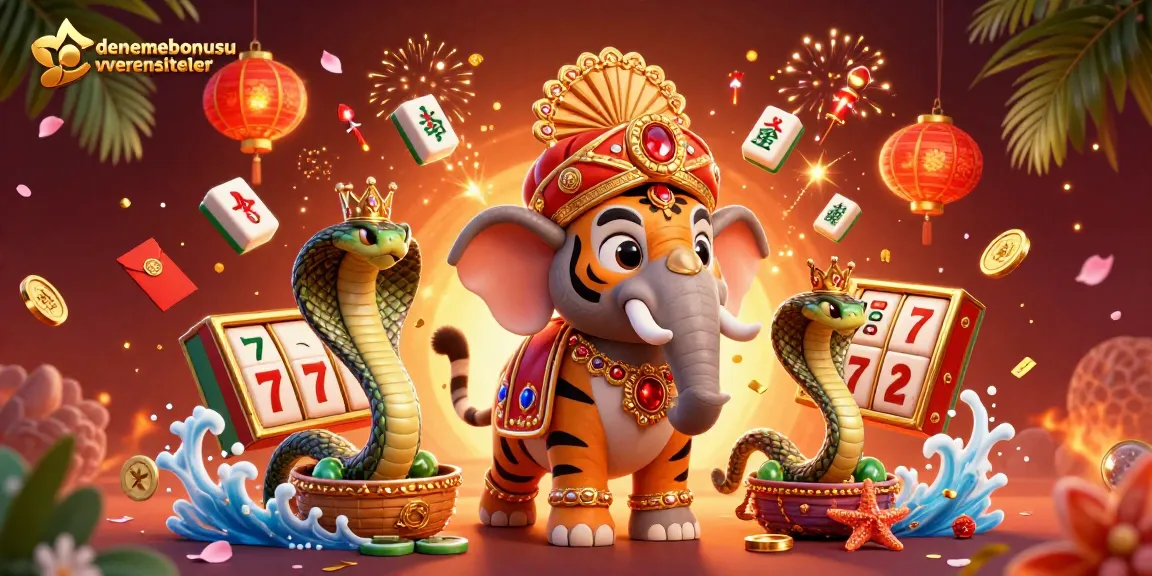 Engage with denemebonusuverensiteler's vibrant gambling adventure featuring a majestic tiger and elephant