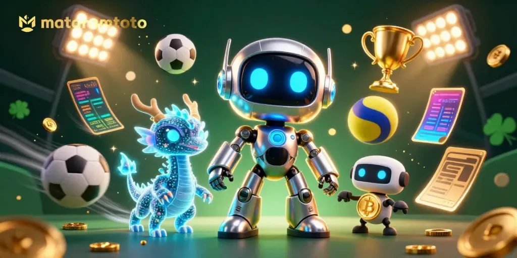 Experience the excitement of gambling with mataramtoto's vibrant 3D cartoon gaming scene featuring futuristic robots and sports elements.
