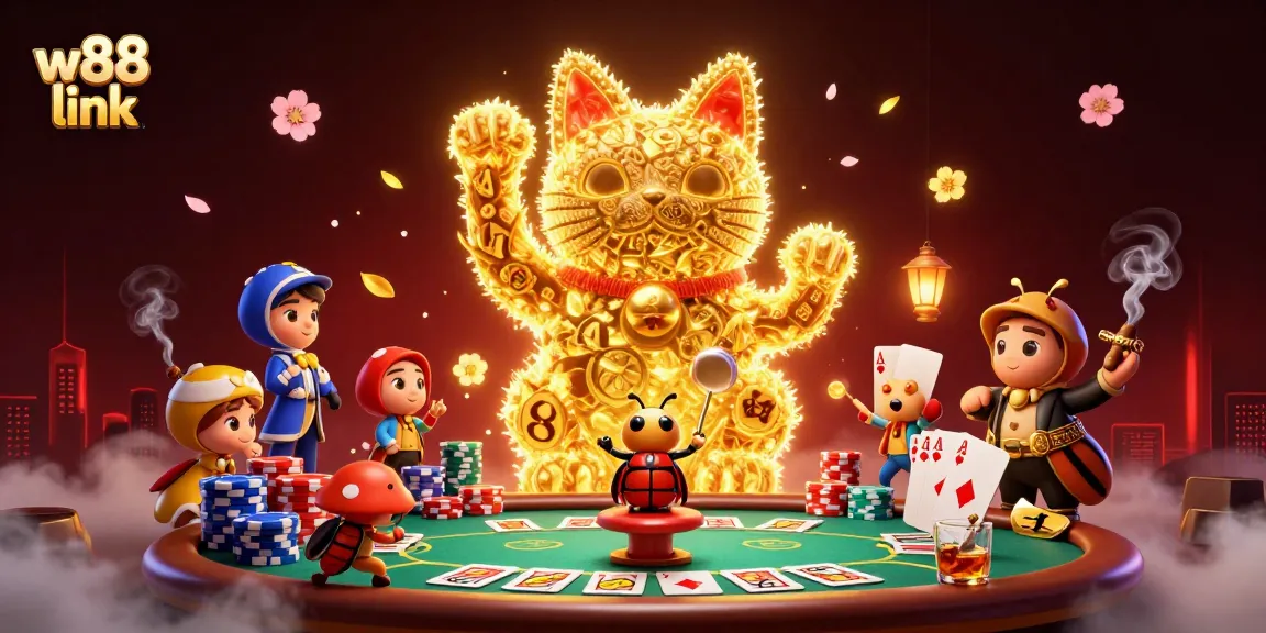 Attract players with this vibrant w88 link illustration featuring a lucky cat in a flourishing casino environment.