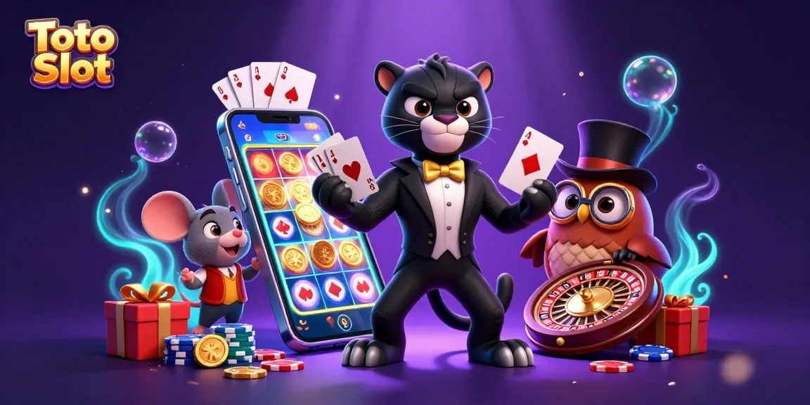 Toto Slot illustration showcasing a stylish panther dealer, owl with poker chips, and lucky mouse amid vibrant game elements.