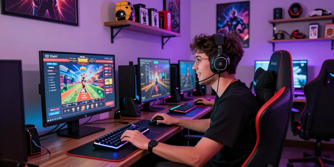 Engaging gamer enjoying the Gaming Hub experience in a vibrant gaming lounge.