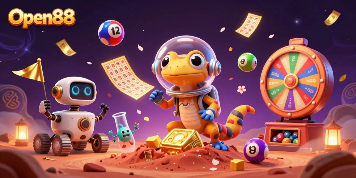 Experience the thrill of Open88 with a Martian gecko discovering a buried golden casino in vibrant detail.