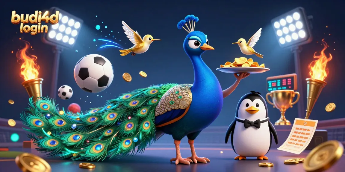 Budi4D login showcases a vibrant casino scene with characters and sports elements dynamically interacting.