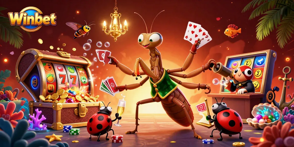 Winbet's vibrant casino scene with a giant mantis dealer, slot reels, and rich treasures.