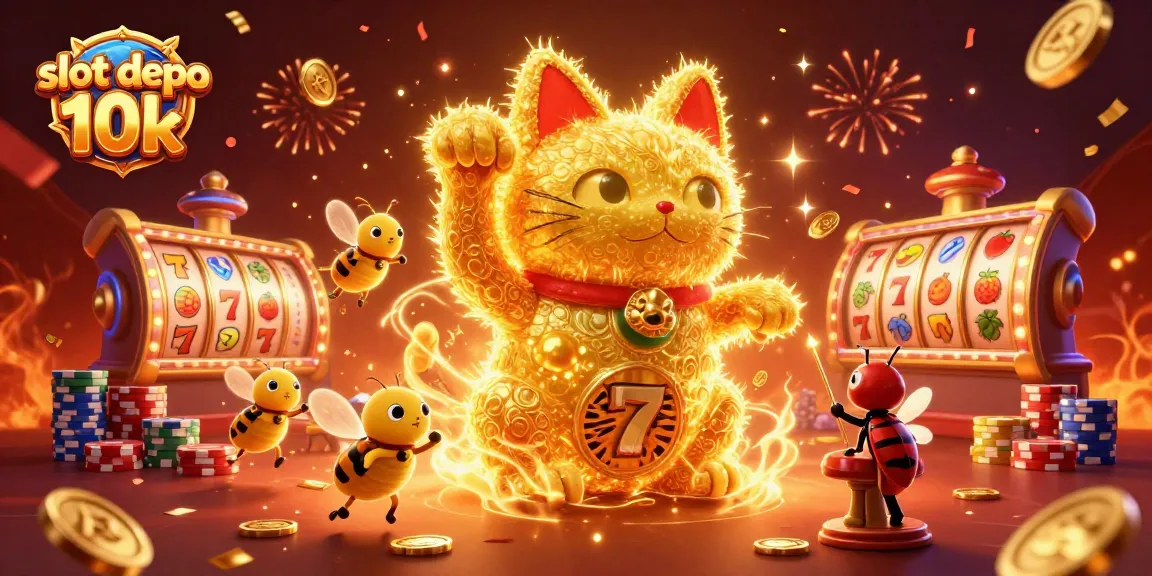 Engage in exciting gameplay with the slot depo 10k featuring a lucky cat among spinning slots and vibrant casino elements.