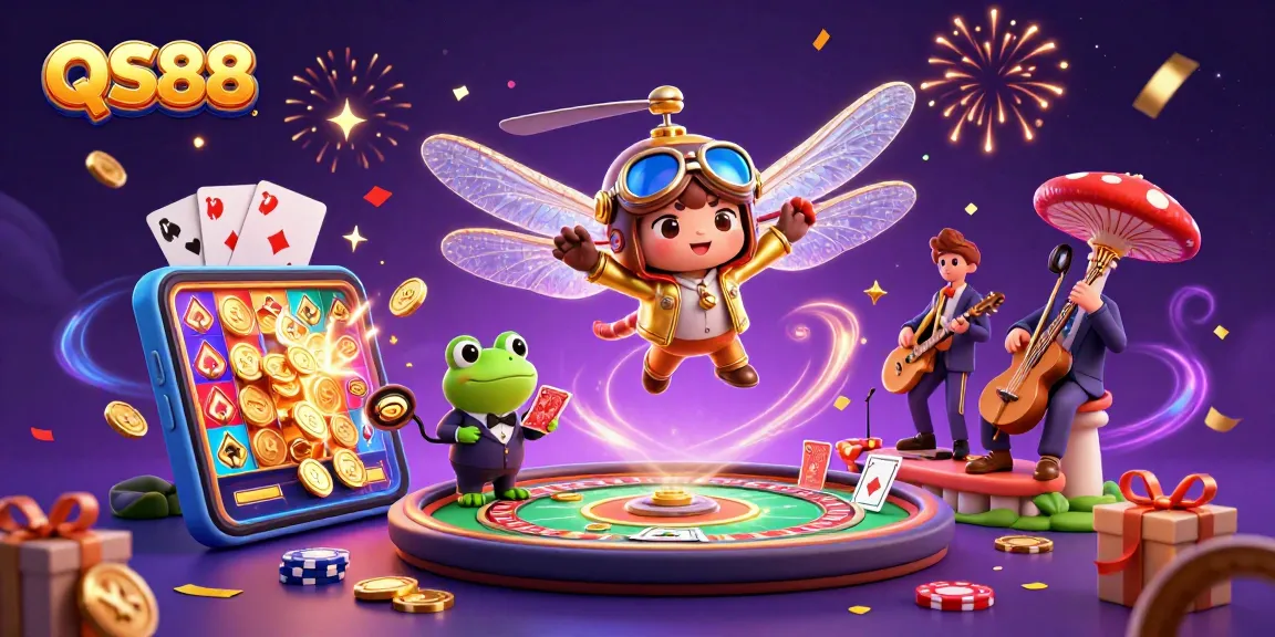 Participate in thrilling games at QS88 with a vibrant casino scene showcasing excitement and classic gaming elements.