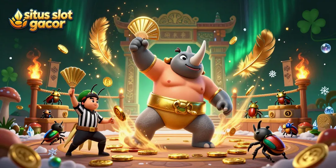 Experience thrilling gameplay at situs slot gacor with vibrant 3D illustrations of beetles in a casino arena.