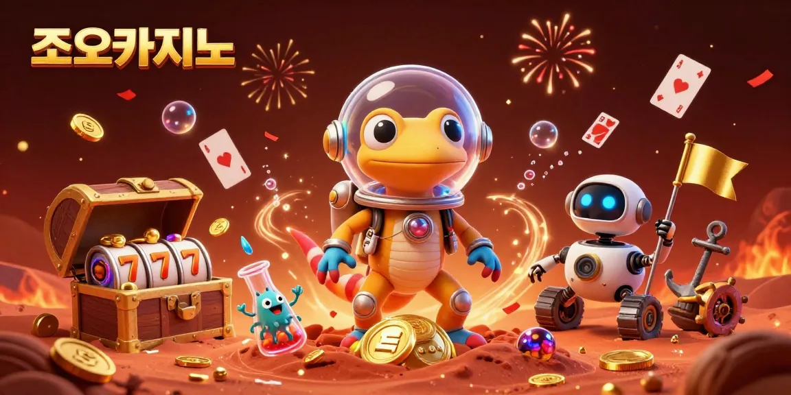 Experience the thrill of 조이카지노 with a Martian gecko discovering treasures in a vibrant casino scene.