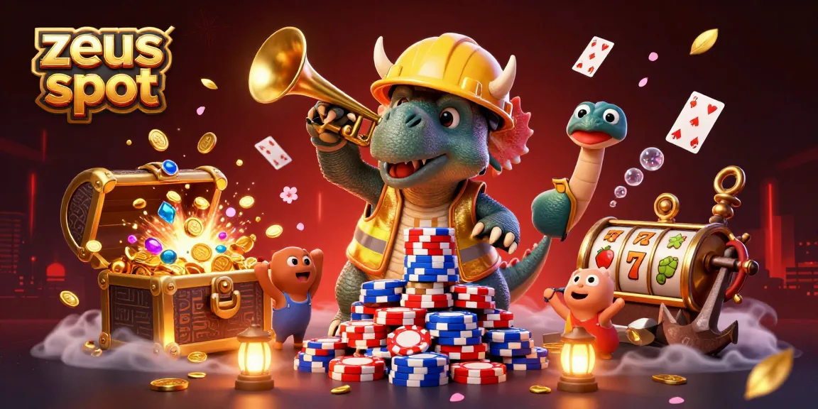 Experience the thrill of the zeus slot with vibrant characters and casino elements in this dynamic illustration.