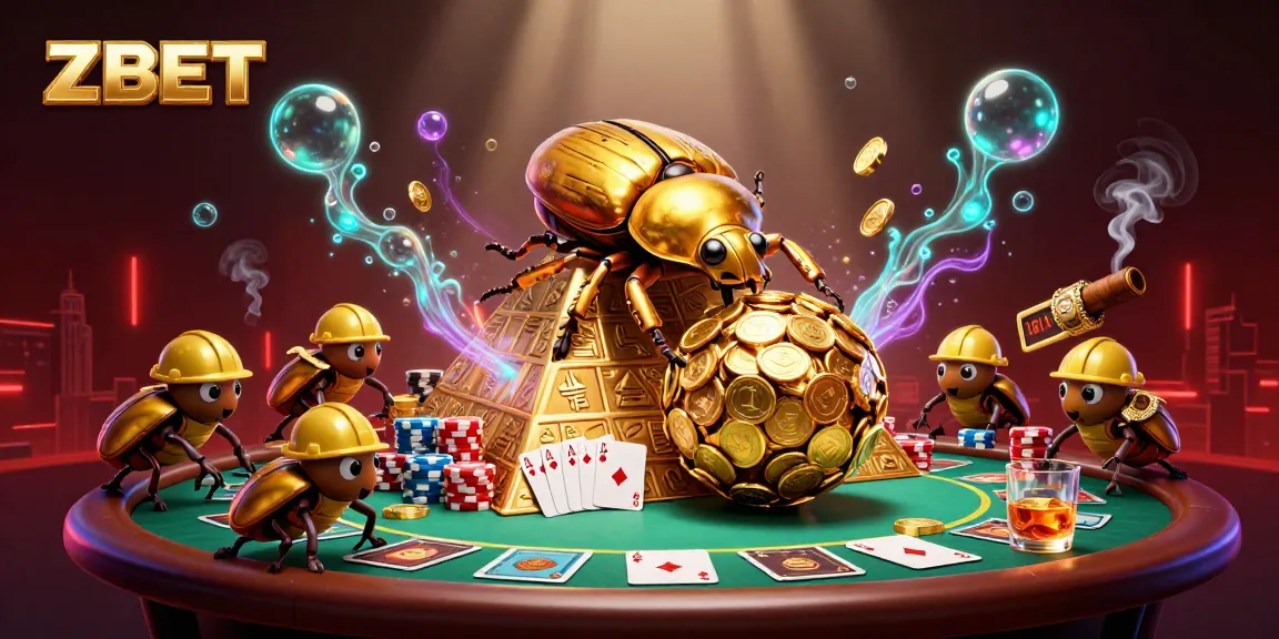 ZBET showcases a dynamic scene of golden dung beetles in a vibrant casino atmosphere, rolling coins and poker elements.