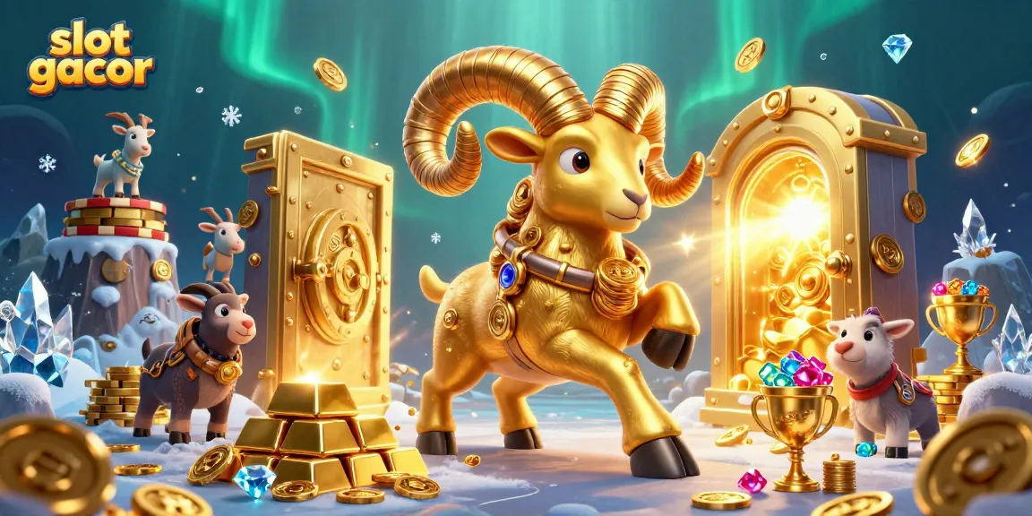 Engage in slot gacor excitement with a golden ram amidst a treasure-filled casino scene.